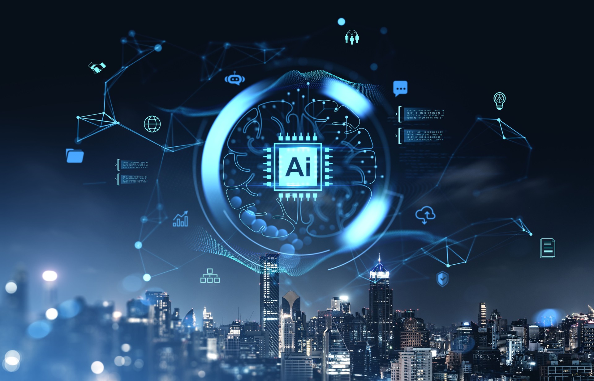 Futuristic AI brain chip interface and digital technology icons over modern city skyline at night representing artificial intelligence concept.